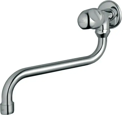 Wandventil aus verchromtem Metall mit einem abgerundeten Griff und längerer gebogener Ausladung, Marke Ideal Standard.